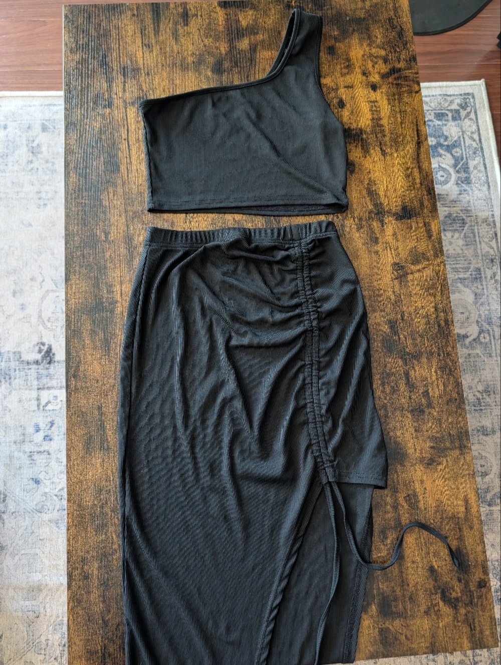 SHEIN Black One-Shoulder Crop Top & Ruched Side-Slit Maxi Skirt Set